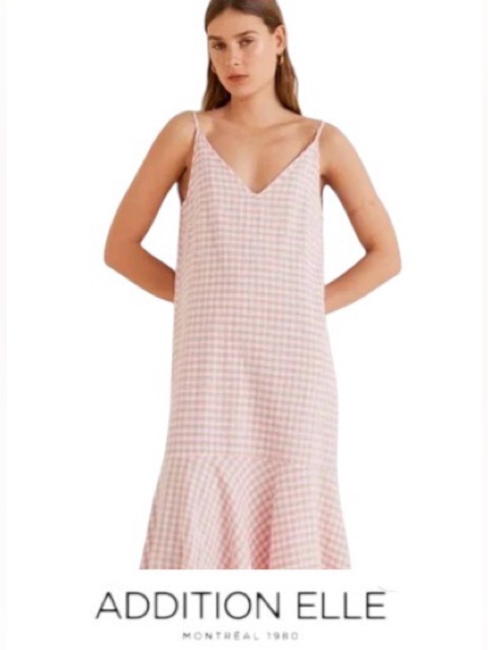 26W Addition Elle Gingham Slip Dress in Pink, Taupe, Ivory